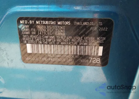 2022 Mitsubishi Mirage Black Edition/Se z USA, uszkodzony, nr VIN ML32AWHJ3NH006361